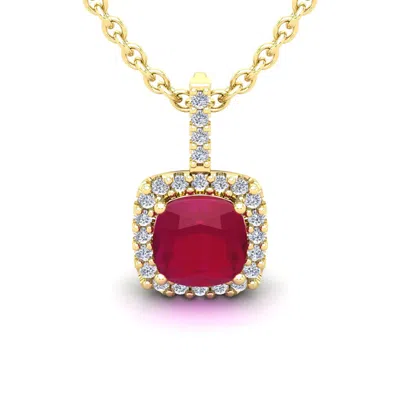 Sselects 3 1/2 Carat Cushion Cut Ruby And Halo Diamond Necklace In 14 Karat Yellow Gold In Red