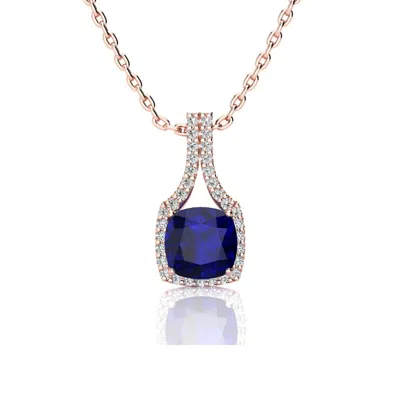 Sselects 3 1/2 Carat Cushion Cut Sapphire And Classic Halo Diamond Necklace In 14 Karat Rose Gold In Blue