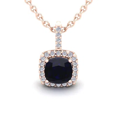 Sselects 3 1/2 Carat Cushion Cut Sapphire And Halo Diamond Necklace In 14 Karat Rose Gold In Black