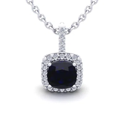 Sselects 3 1/2 Carat Cushion Cut Sapphire And Halo Diamond Necklace In 14 Karat White Gold In Black