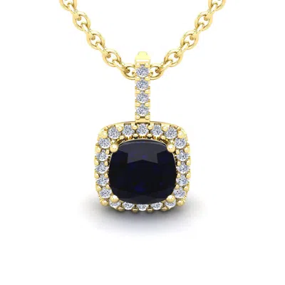 Sselects 3 1/2 Carat Cushion Cut Sapphire And Halo Diamond Necklace In 14 Karat Yellow Gold In Black