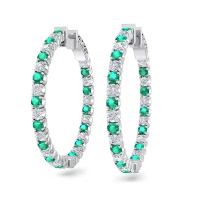 Sselects 3 1/2 Carat Emerald And Diamond Hoop Earrings In 14 Karat White, 1 Inch In Green