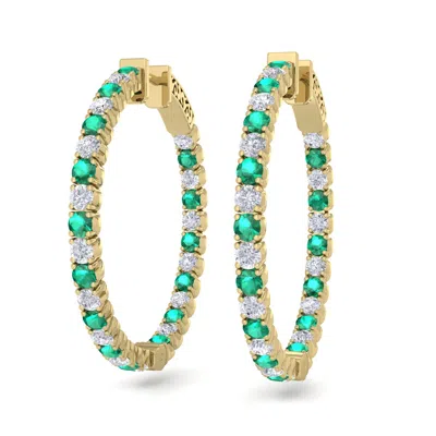Sselects 3 1/2 Carat Emerald And Diamond Hoop Earrings In 14 Karat Yellow, 1 Inch In Green