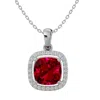 SSELECTS 3 1/4 CARAT CUSHION CUT RUBY AND HALO DIAMOND NECKLACE IN 14 KARAT WHITE GOLD