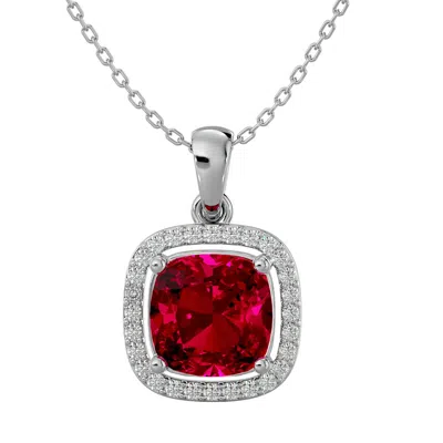 Sselects 3 1/4 Carat Cushion Cut Ruby And Halo Diamond Necklace In 14 Karat White Gold In Red