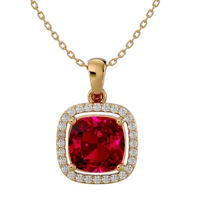 Sselects 3 1/4 Carat Cushion Cut Ruby And Halo Diamond Necklace In 14 Karat Yellow Gold In Red