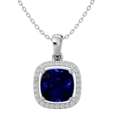 Sselects 3 1/4 Carat Cushion Cut Sapphire And Halo Diamond Necklace In 14 Karat White Gold In Blue
