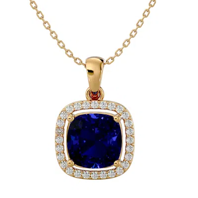 Sselects 3 1/4 Carat Cushion Cut Sapphire And Halo Diamond Necklace In 14 Karat Yellow Gold In Blue