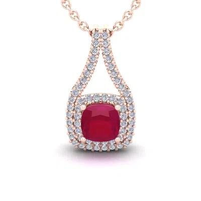 Sselects 3 3/4 Carat Cushion Cut Ruby And Double Halo Diamond Necklace In 14 Karat Rose Gold In Red