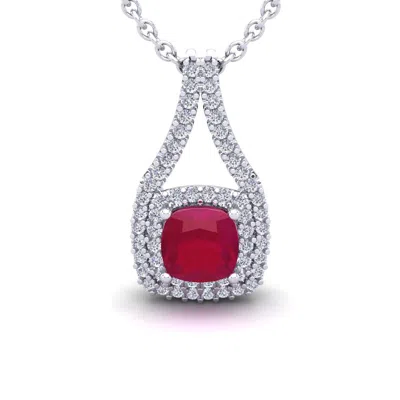 Sselects 3 3/4 Carat Cushion Cut Ruby And Double Halo Diamond Necklace In 14 Karat White Gold In Red