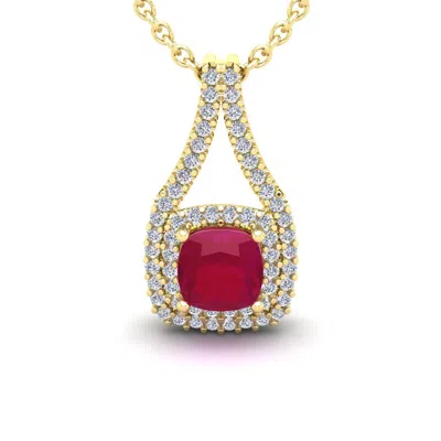 Sselects 3 3/4 Carat Cushion Cut Ruby And Double Halo Diamond Necklace In 14 Karat Yellow Gold In Red