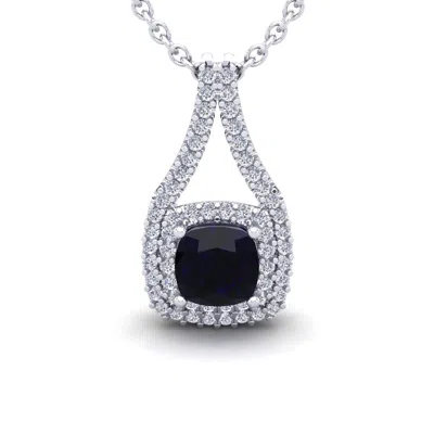 Sselects 3 3/4 Carat Cushion Cut Sapphire And Double Halo Diamond Necklace In 14 Karat White Gold In Black