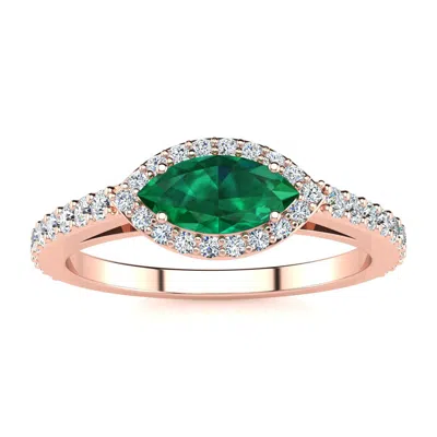 Sselects 3/4 Carat Marquise Shape Emerald And Halo Diamond Ring In 14 Karat Rose Gold In Multi