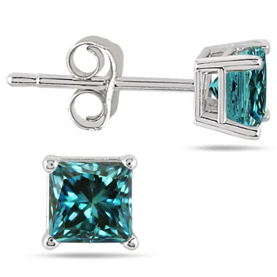Sselects 3/4 Carat Princess Cut Diamond Solitaire Earrings In 14k In Blue