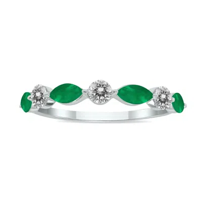 Sselects 3/4 Ctw Marquise Shape Emerald And Diamond Wedding Band In 10k White Gold In Green