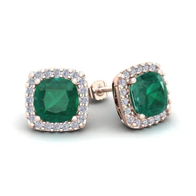 Sselects 4 3/4 Carat Cushion Cut Emerald And Halo Diamond Stud Earrings In 14 Karat In Green
