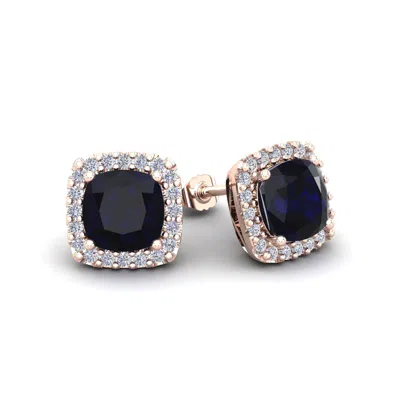 Sselects 4 Carat Cushion Cut Sapphire And Halo Diamond Stud Earrings In 14 Karat In Black