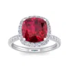 SSELECTS 5 1/2 CARAT CUSHION CUT CREATED RUBY AND HALO DIAMOND RING IN STERLING SILVER
