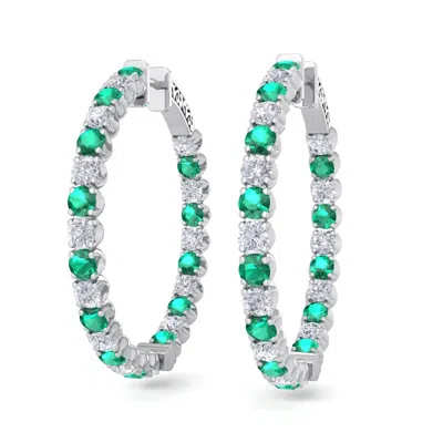 Sselects 5 Carat Emerald And Diamond Hoop Earrings In 14 Karat White Gold In Green
