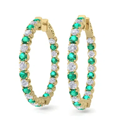 Sselects 5 Carat Emerald And Diamond Hoop Earrings In 14 Karat Yellow Gold In Green