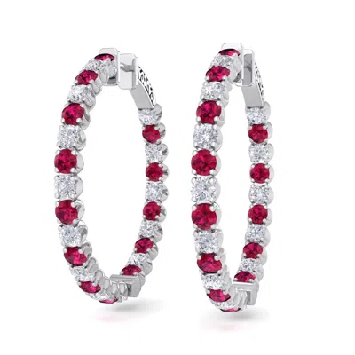 Sselects 5 Carat Ruby And Diamond Hoop Earrings In 14 Karat White Gold In Red