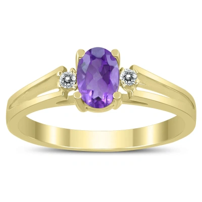 Sselects 6x4mm Amethyst And Diamond Open Three Stone Ring In 10k Yellow Gold