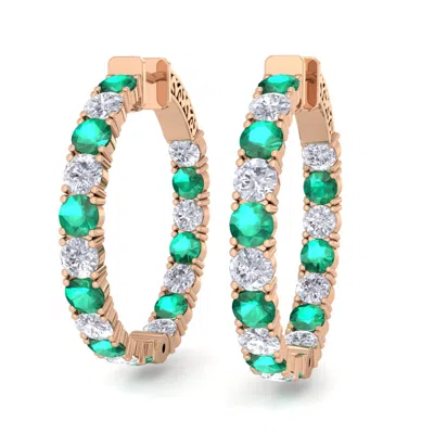 Sselects 7 Carat Emerald And Diamond Hoop Earrings In 14 Karat Rose Gold In Green