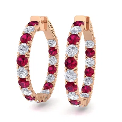 Sselects 7 Carat Ruby And Diamond Hoop Earrings In 14 Karat Rose Gold In Red