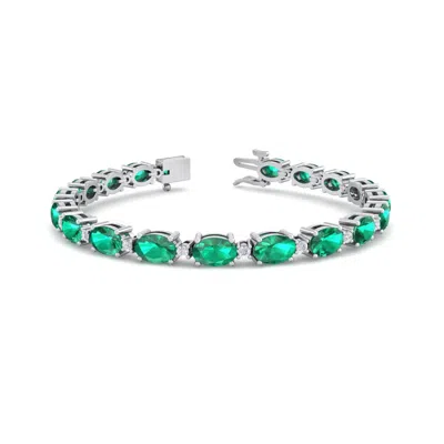 Sselects 9 Carat Oval Shape Emerald And Diamond Bracelet In 14 Karat White Gold In Green