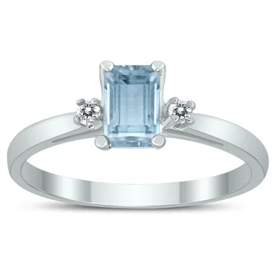 Sselects Emerald Cut 6x4mm Aquamarine And Diamond Three Stone Ring In 10k White Gold