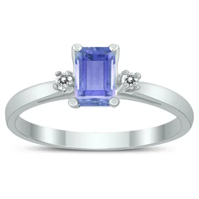 Sselects Emerald Cut 6x4mm Tanzanite And Diamond Three Stone Ring In 10k White Gold