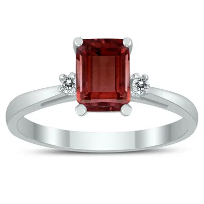 Sselects Emerald Cut 7x5mm Garnet And Diamond Three Stone Ring In 10k White Gold