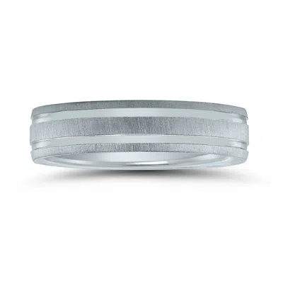 Sselects Men's 5mm Wedding Band With Satin Frost Finish And Polished Grooves In 10k White Gold In Silver
