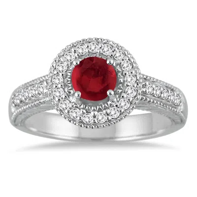 Sselects Ruby And Diamond Halo Ring In 10k White Gold