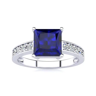 Sselects Square Step Cut 1 7/8ct Sapphire And Diamond Ring In 14k White Gold In Blue