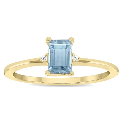 Sselects Women's Emerald Cut Aquamarine And Diamond Classic Ring In 10k Yellow Gold