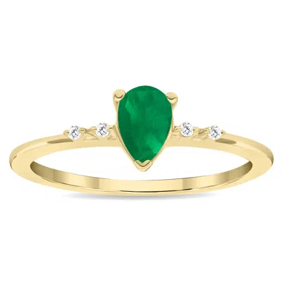 Sselects Women's Pear Shaped Emerald And Diamond Sparkle Ring In 10k Yellow Gold In Green