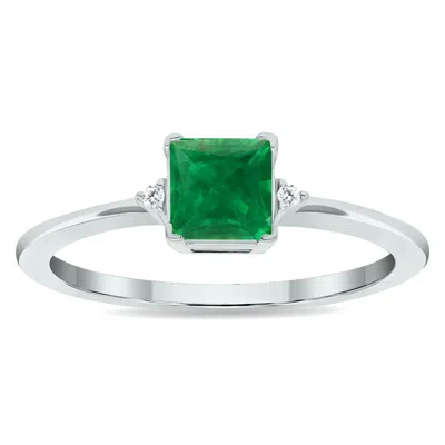 Sselects Women's Princess Cut Emerald And Diamond Half Moon Ring In 10k White Gold