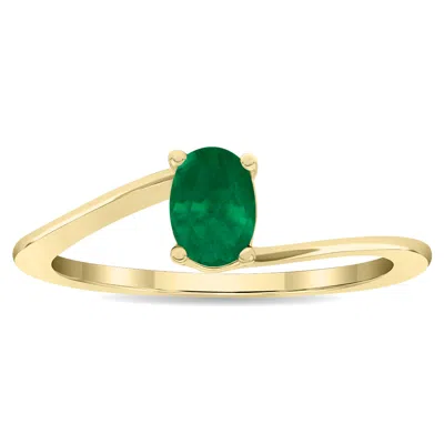Sselects Women's Solitaire Oval Shaped Emerald Wave Ring In 10k Yellow Gold
