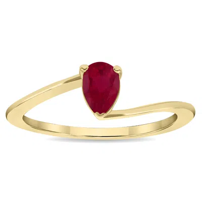 Sselects Women's Solitaire Pear Shaped Ruby Wave Ring In 10k Yellow Gold In Red