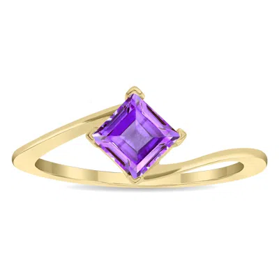 Sselects Women's Solitaire Square Shaped Amethyst Wave Ring In 10k Yellow Gold In Purple