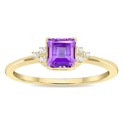 Sselects Women's Square Shaped Amethyst And Diamond Half Moon Ring In 10k Yellow Gold In Purple