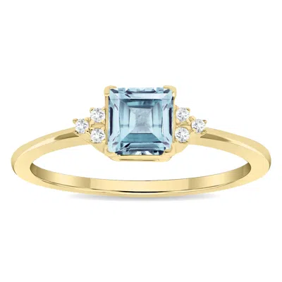 Sselects Women's Square Shaped Aquamarine And Diamond Half Moon Ring In 10k Yellow Gold In Blue