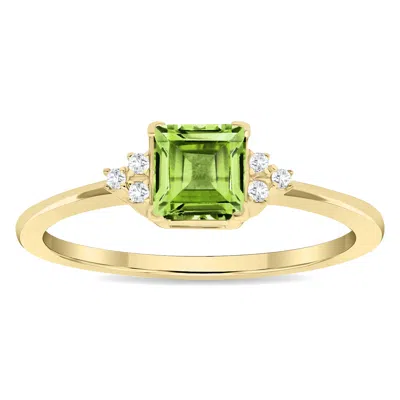 Sselects Women's Square Shaped Peridot And Diamond Half Moon Ring In 10k Yellow Gold In Green