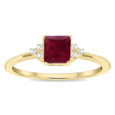 Sselects Women's Square Shaped Ruby And Diamond Half Moon Ring In 10k Yellow Gold In Red