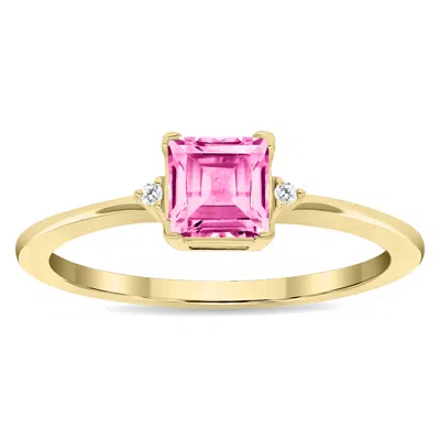 Sselects Women's Square Shaped Topaz And Diamond Classic Ring In 10k Yellow Gold In Pink