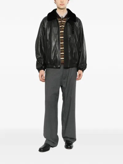 Ssstein Mouton-collar Leather Zip Jacket In Black