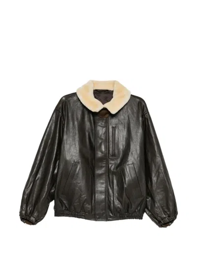 Ssstein Mouton-collar Leather Zip Jacket In Brown