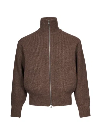 Ssstein Ribbed-knit Zip-up Jacket In 브라운