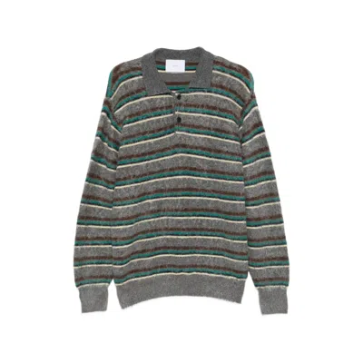 Ssstein Striped Polo-collar Sweater In Grey